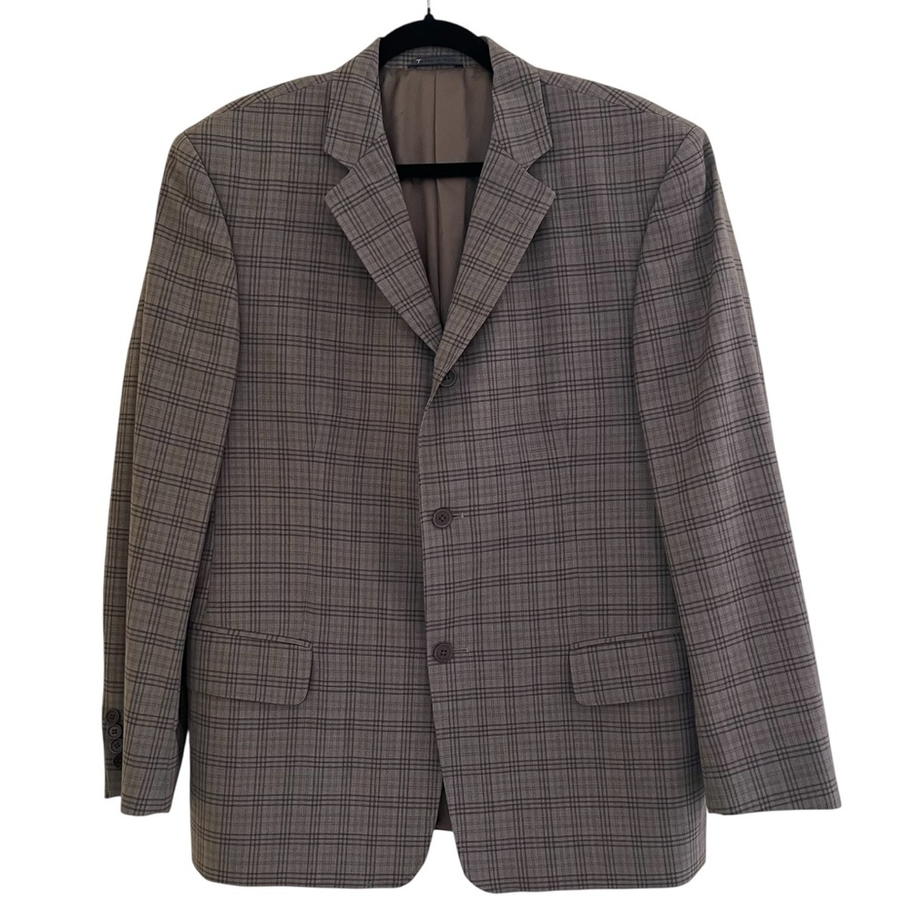 John Varvatos Tan with Black Plaid Wool Blazer 42R